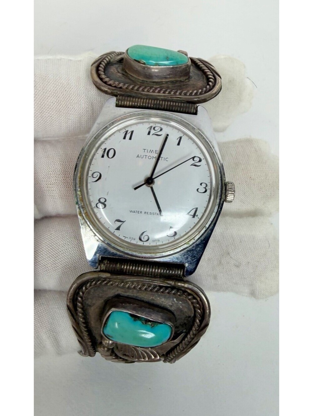 Vintage D & J Clark Navajo Sterling Silver Turquoise Timex Mens Watch Bracelet